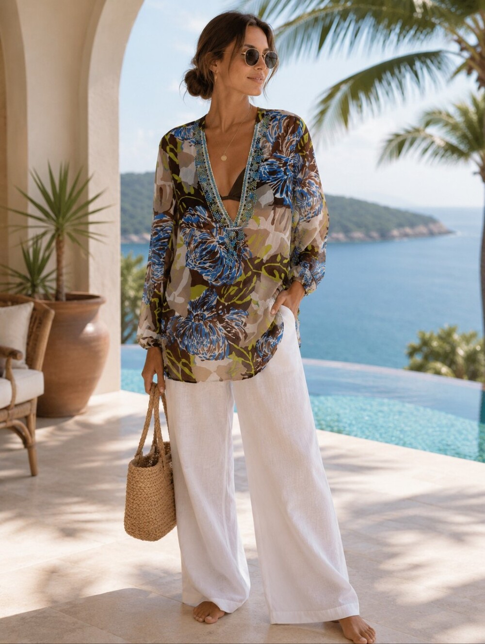 Hale Bob Cabana Beaded Sheer Drop Waist Tunic Cover-up Resort Wear Women's XS